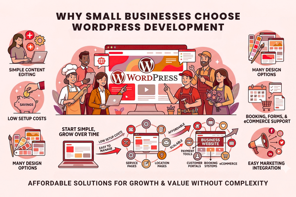 Infographic illustrating why small businesses choose WordPress, featuring icons for low cost, easy editing, design options, and scalability