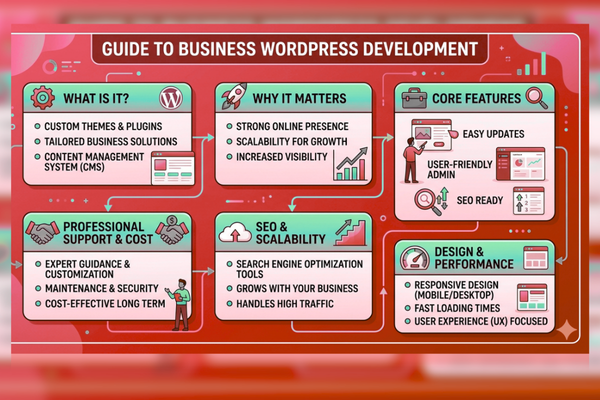 Business WordPress development guide infographic highlighting SEO, custom themes, and scalable website solutions for growth