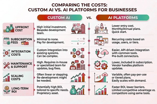 AI cost comparison infographic showing upfront and long-term costs of custom AI and AI platforms
