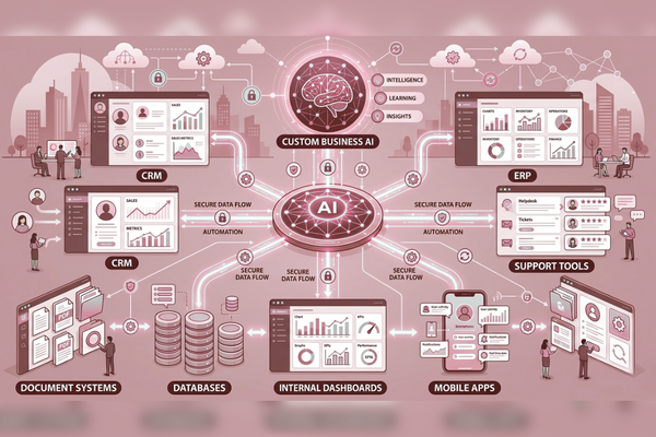 Custom AI integration with CRM, ERP, mobile apps, dashboards, and business systems