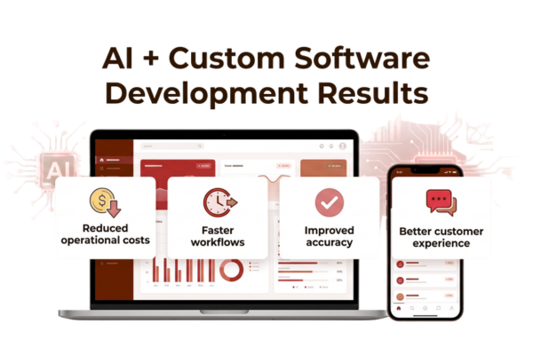 AI automation dashboard showing how custom software development reduces operational costs, speeds workflows, improves accuracy, and boosts customer experience