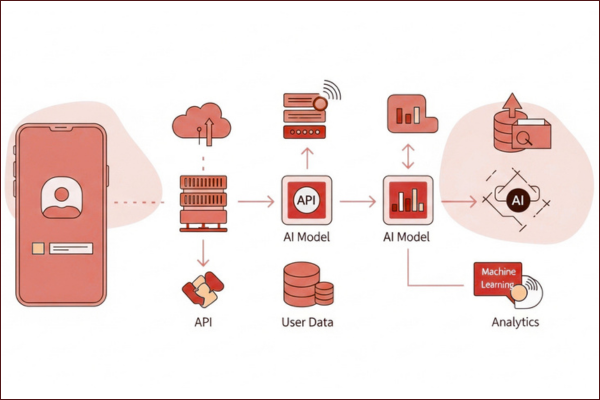 AI integration architecture for mobile apps showing data flow and APIs