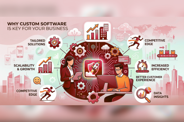 Custom software development illustration showing a team building a mobile app with AI automation, integrations, and security for business growth.