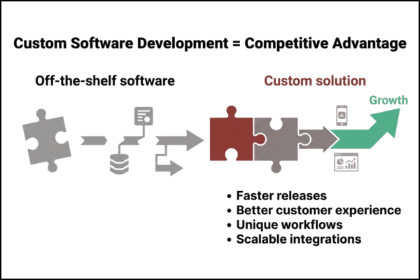 Custom software development vs off-the-shelf comparison showing faster releases, better customer experience, and scalable integrations for competitive advantage