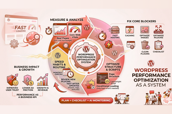 An infographic detailing a 4-step WordPress performance optimization system: Measure & Analyze, Fix Core Blockers, Optimize Structure, and Build Speed Habits
