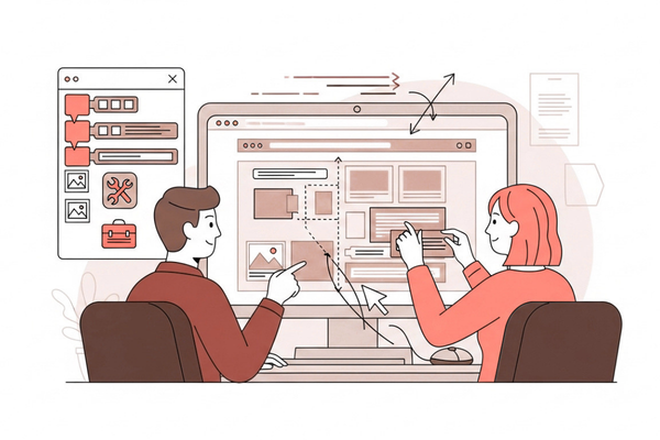 No-code website design workflow using a visual builder with a drag-and-drop interface