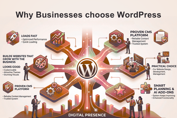Infographic showing why businesses choose WordPress, highlighting its speed, scalability, professional design, and AI integration for digital growth