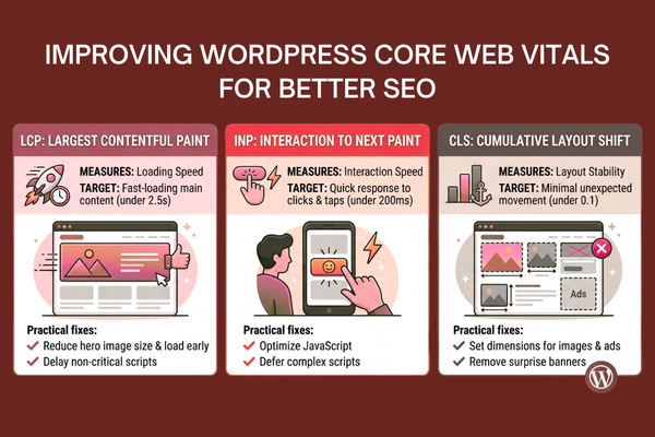 Infographic guide explaining how to improve WordPress Core Web Vitals (LCP, INP, CLS) for better SEO and conversions