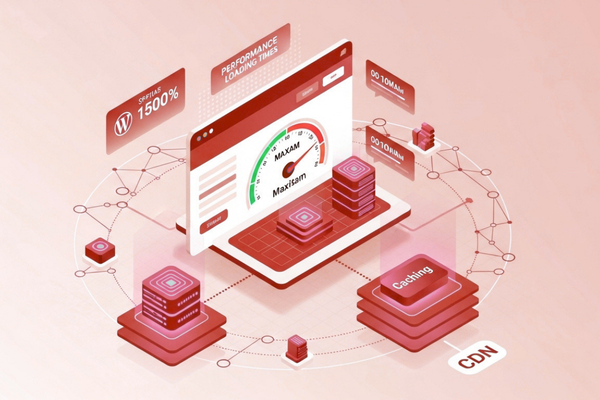 WordPress website speed optimization concept with a fast performance dashboard and server acceleration
