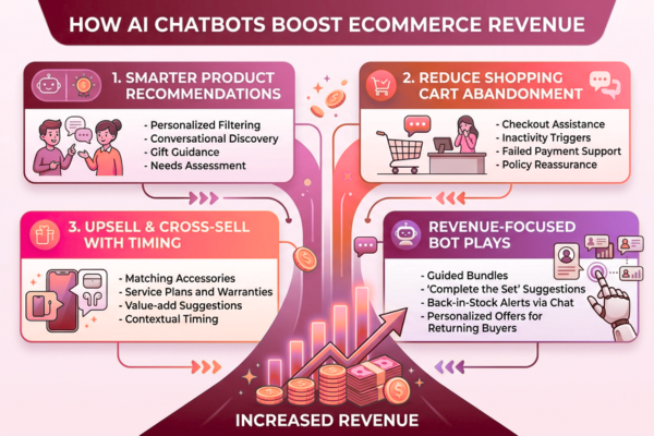 Infographic showing how AI chatbots increase ecommerce revenue through recommendations and recovery.