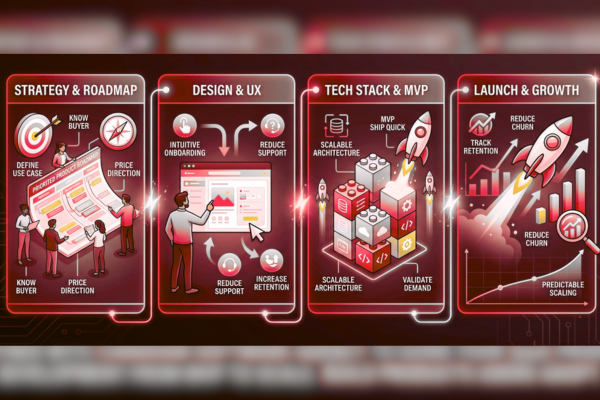 Infographic showing the SaaS product development process from MVP to scale