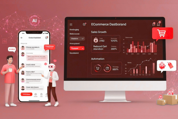 AI Chatbots for Ecommerce assisting online shoppers with product selection, order tracking, and sales analytics on a mobile and desktop dashboard