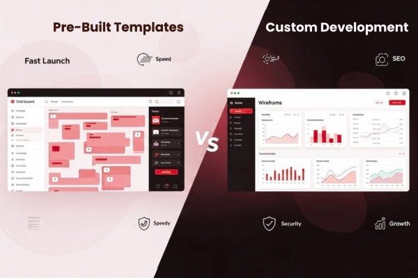 Comparison of custom WordPress development and website templates showing business decision impact