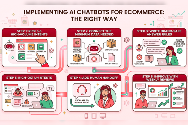 Five-step visual guide for rolling out an ecommerce AI chatbot, starting with high-volume intents and ending with weekly performance reviews