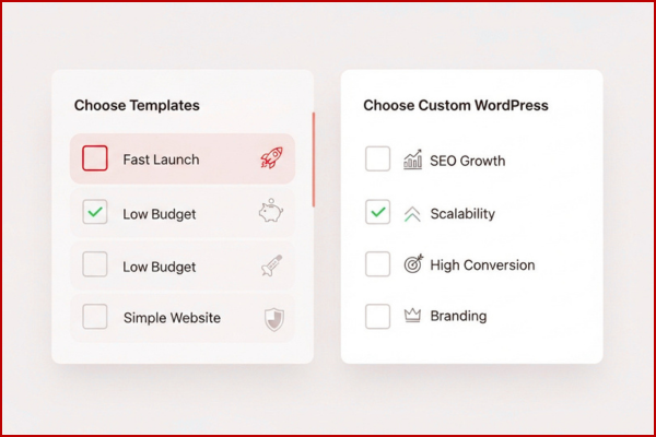 Checklist comparing when to choose WordPress templates vs custom WordPress development for business