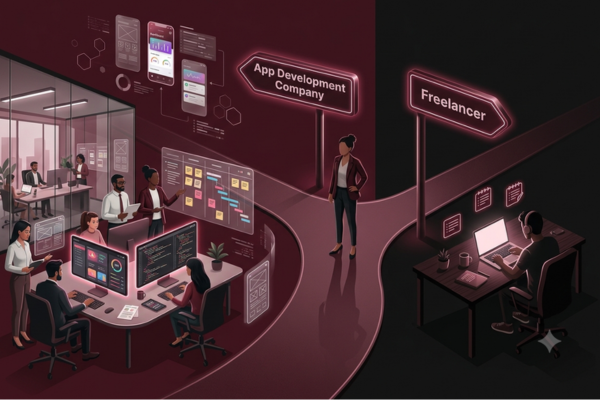 A business owner comparing a professional app development company team with a solo freelancer in a modern tech-themed workspace.