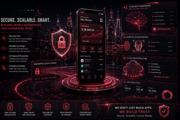 A secure mobile app ecosystem protected by cybersecurity layers, encrypted data, and scalable cloud infrastructure.