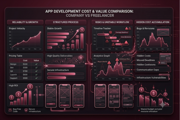 A futuristic cost comparison dashboard showing the differences between app development companies and freelancers.