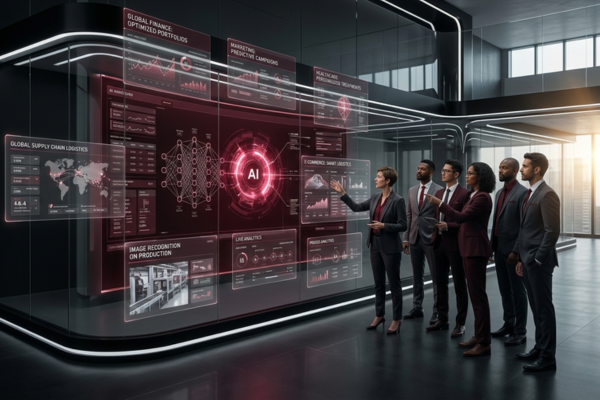 Modern visualization of multimodal AI combining text, images, audio, and video into one intelligent business system.