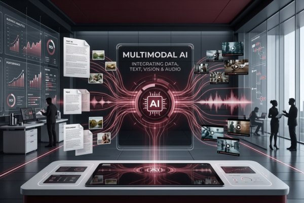 Step-by-step visual flow showing how multimodal AI processes text, images, audio, and video together.
