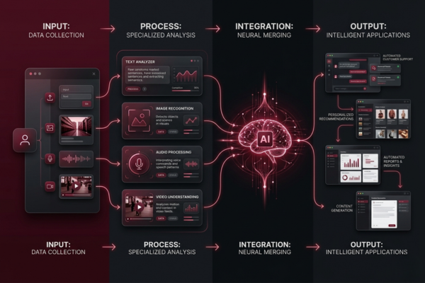Business industries using multimodal AI for healthcare, retail, education, and customer support automation.