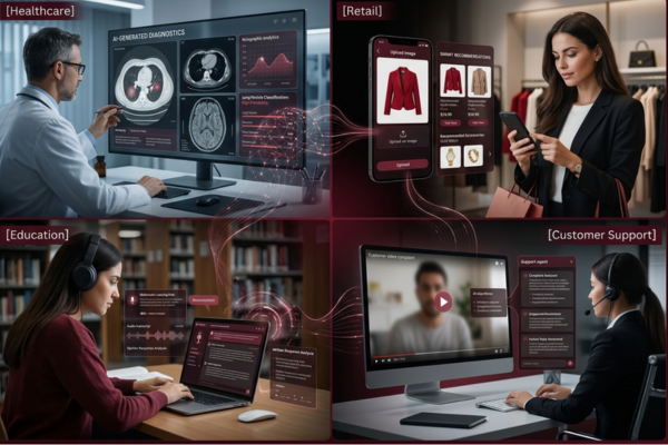 Futuristic business leaders using multimodal AI dashboards for automation, analytics, and smarter decisions.