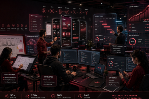 A professional app development team collaborating on design, coding, testing, and project management in a futuristic workspace.