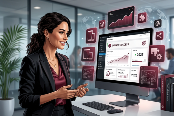 Professional WordPress website dashboard with business growth analytics in a modern maroon and black workspace.