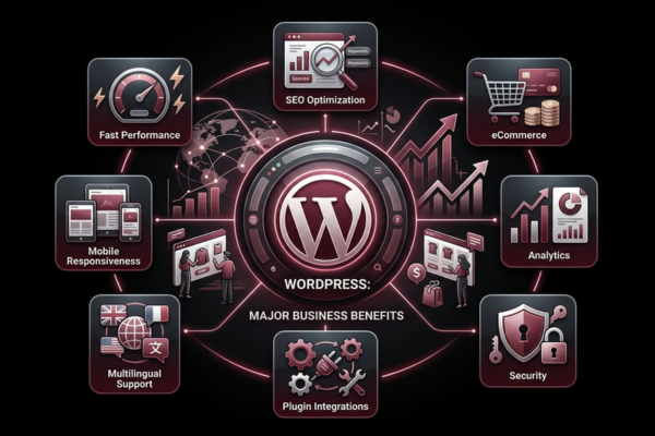 Modern WordPress business benefits infographic featuring SEO, security, analytics, and eCommerce features.