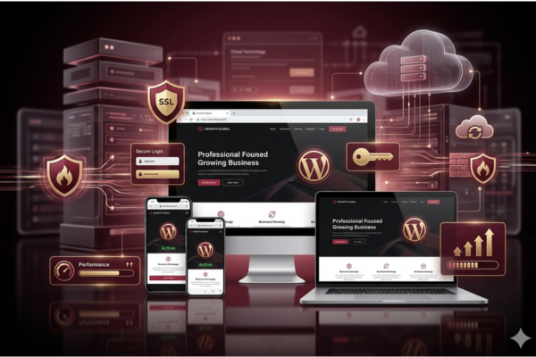 Secure WordPress website launch displayed across desktop and mobile devices with SSL and security visuals.