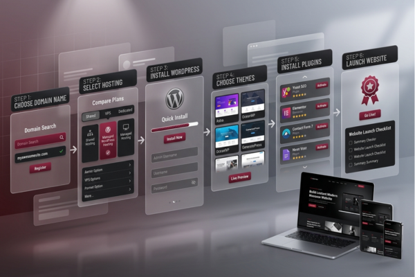 Step-by-step WordPress website creation workflow with hosting, themes, plugins, and launch process visuals.