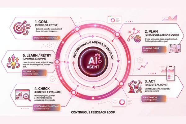 Autonomous AI agent workflow showing goal planning, action checking, and learning cycle