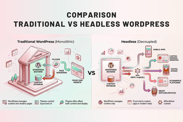 Comparison between traditional WordPress and headless WordPress architecture