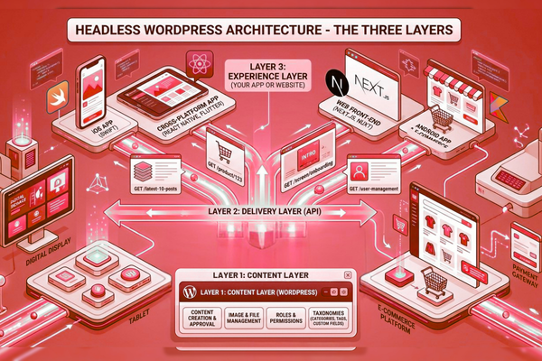 Headless WordPress architecture showing content layer, API delivery layer, and frontend experience layer