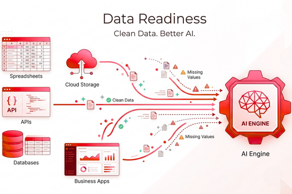 Data readiness for AI integration shows business data flowing from databases, cloud storage, APIs, and applications into an AI system.