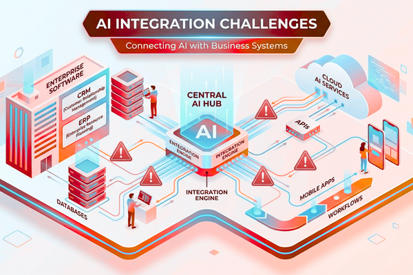 AI Integration Challenges illustration showing AI connected with enterprise software, cloud systems, APIs, CRM, ERP, databases, and business workflows. 