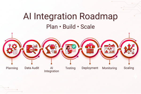 AI integration roadmap illustrating planning, data preparation, implementation, testing, deployment, monitoring, and enterprise scaling.