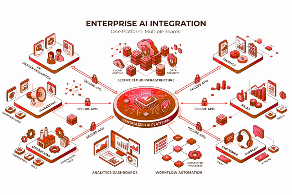 Enterprise AI integration platform connecting HR, Finance, Sales, Marketing, Operations, and Customer Support through secure AI workflows.