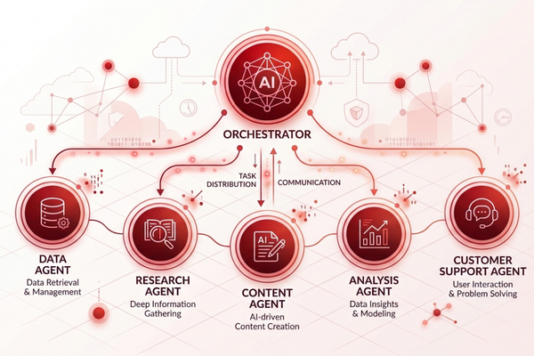 Multi-Agent System architecture showing an orchestrator coordinating specialized AI agents
