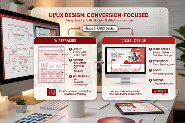 UI/UX design process showing wireframes, visual design elements, and responsive website layouts for improved user experience