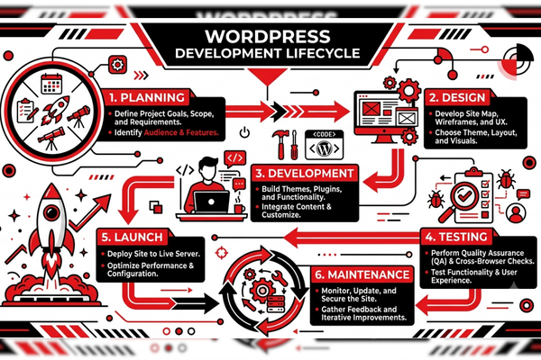 WordPress development lifecycle illustrating the stages of planning, design, development, testing, deployment, and ongoing maintenance for a scalable website 