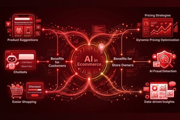 AI-powered ecommerce system using customer data to improve online shopping, product recommendations, chatbots, pricing, and fraud detection.