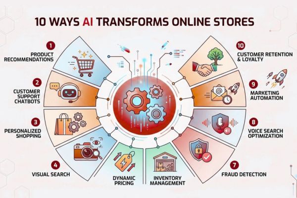 AI-powered ecommerce ecosystem illustrating 10 ways artificial intelligence transforms online stores.