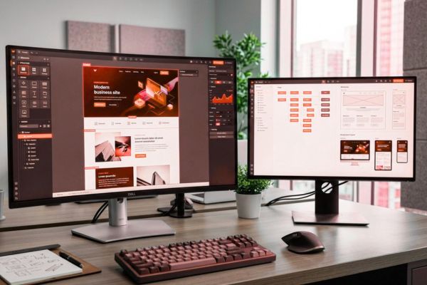 Webflow website development workspace showing website design and responsive layouts