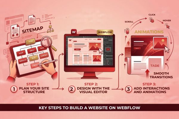 Webflow website development process showing planning, visual design, and interactive animations
