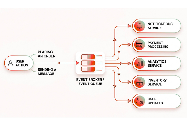 Event-driven architecture workflow showing events connecting real-time application services