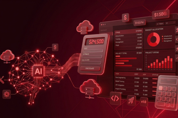 AI project cost estimation dashboard with AI technology, budgeting, and development cost elements