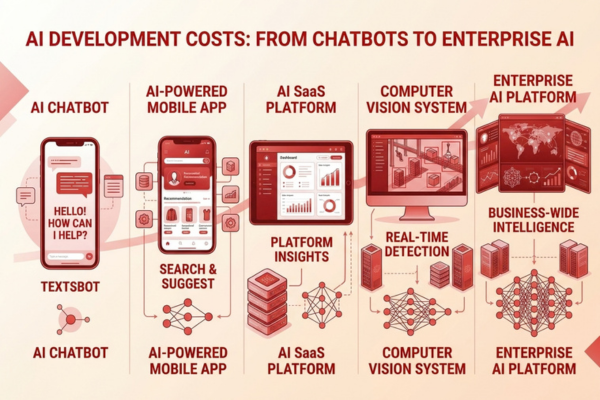 Comparison of AI development types from chatbots and mobile apps to SaaS, computer vision, and enterprise AI systems