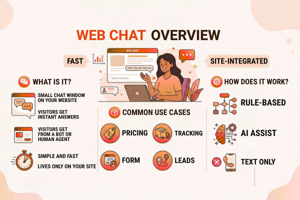 Web Chat Overview infographic illustrating how website chat widgets work, common use cases, and AI features.