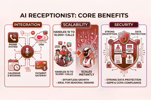 An infographic illustrating the three core benefits of an AI Receptionist: seamless system integration, instant call scalability, and strong data security.
